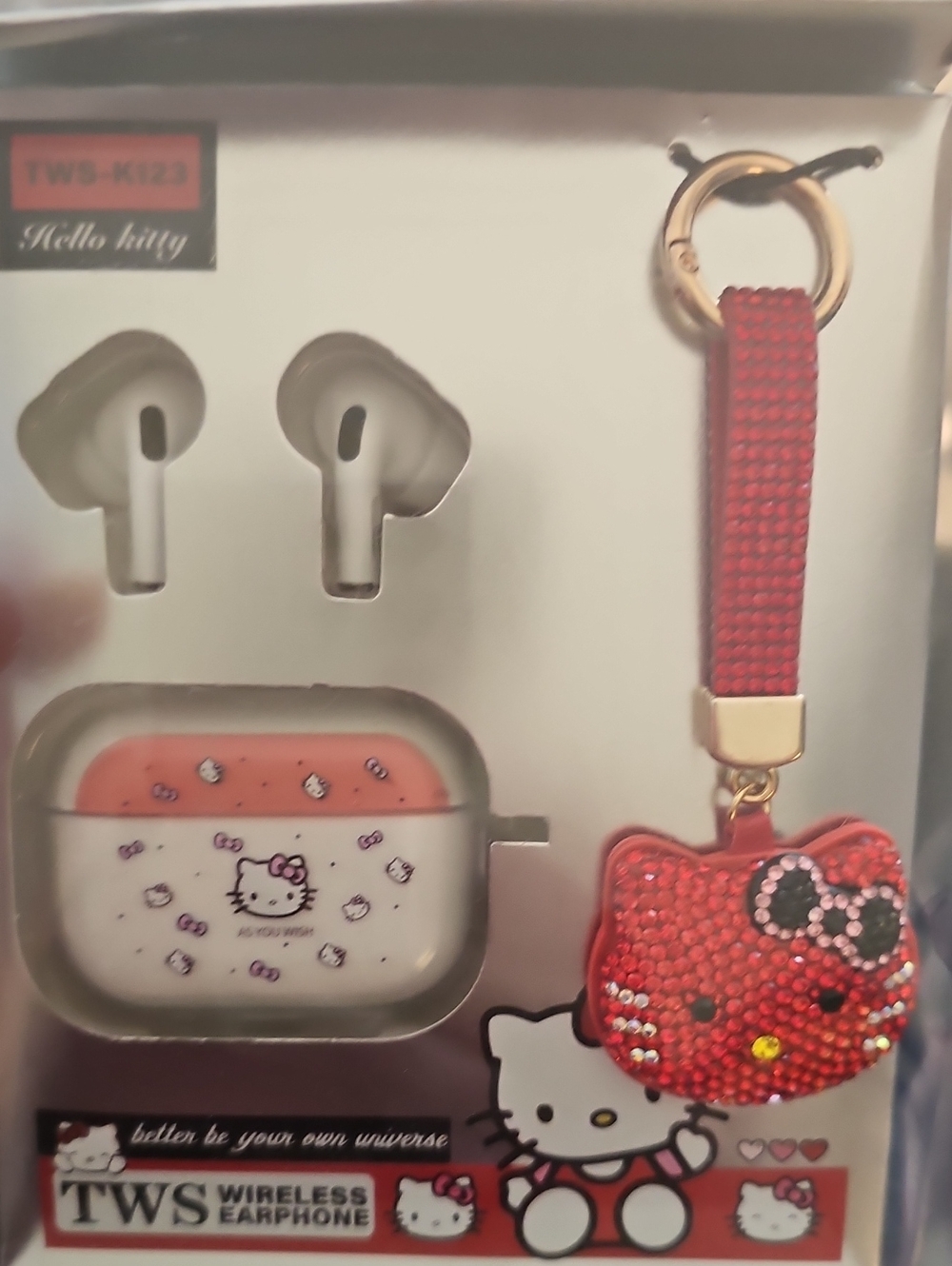 Hello Kitty Red and White Wireless Earbud Set with Crystal Cat Keychain